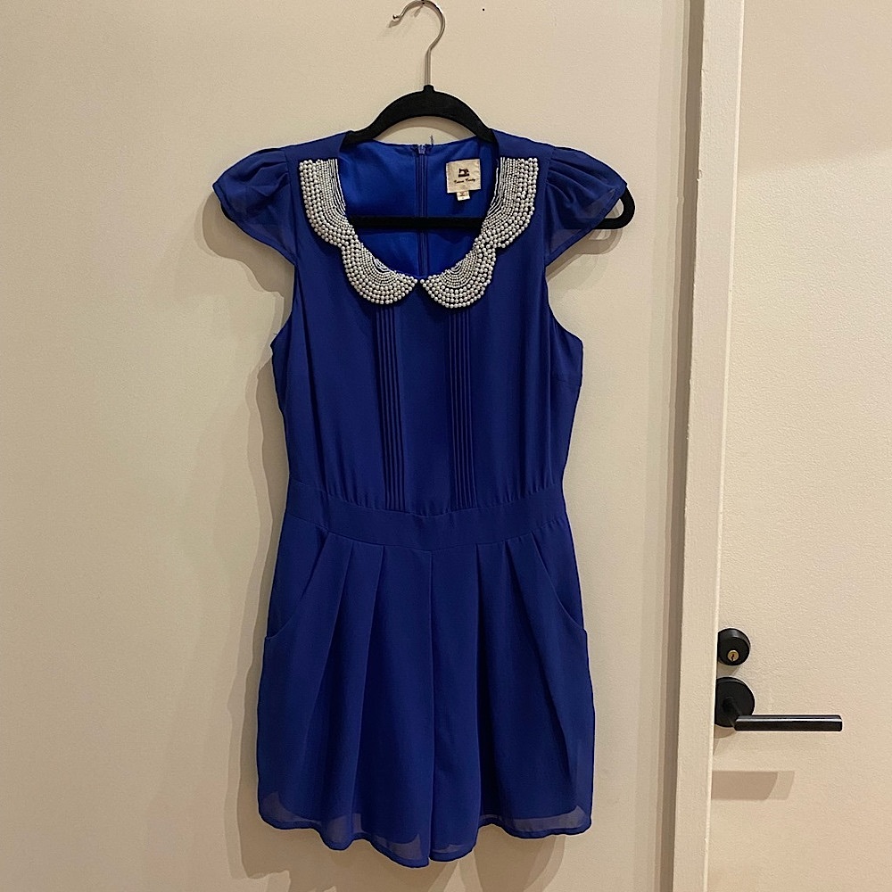 Royal Blue Romper with Cap Sleeve Ruffle and Pearl Detail size sm small